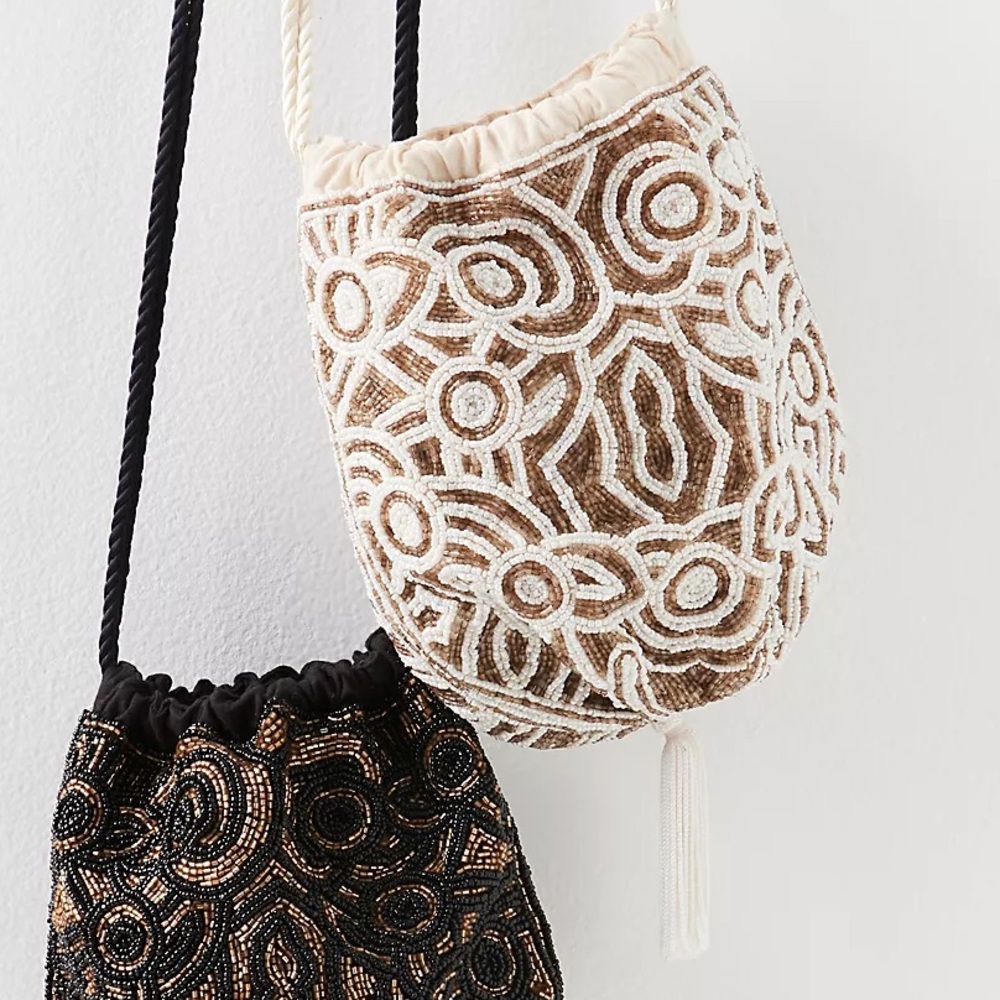 New Free People Geometric Glass Beaded Pouch Ivory Taupe Drawstring Bucket Bag